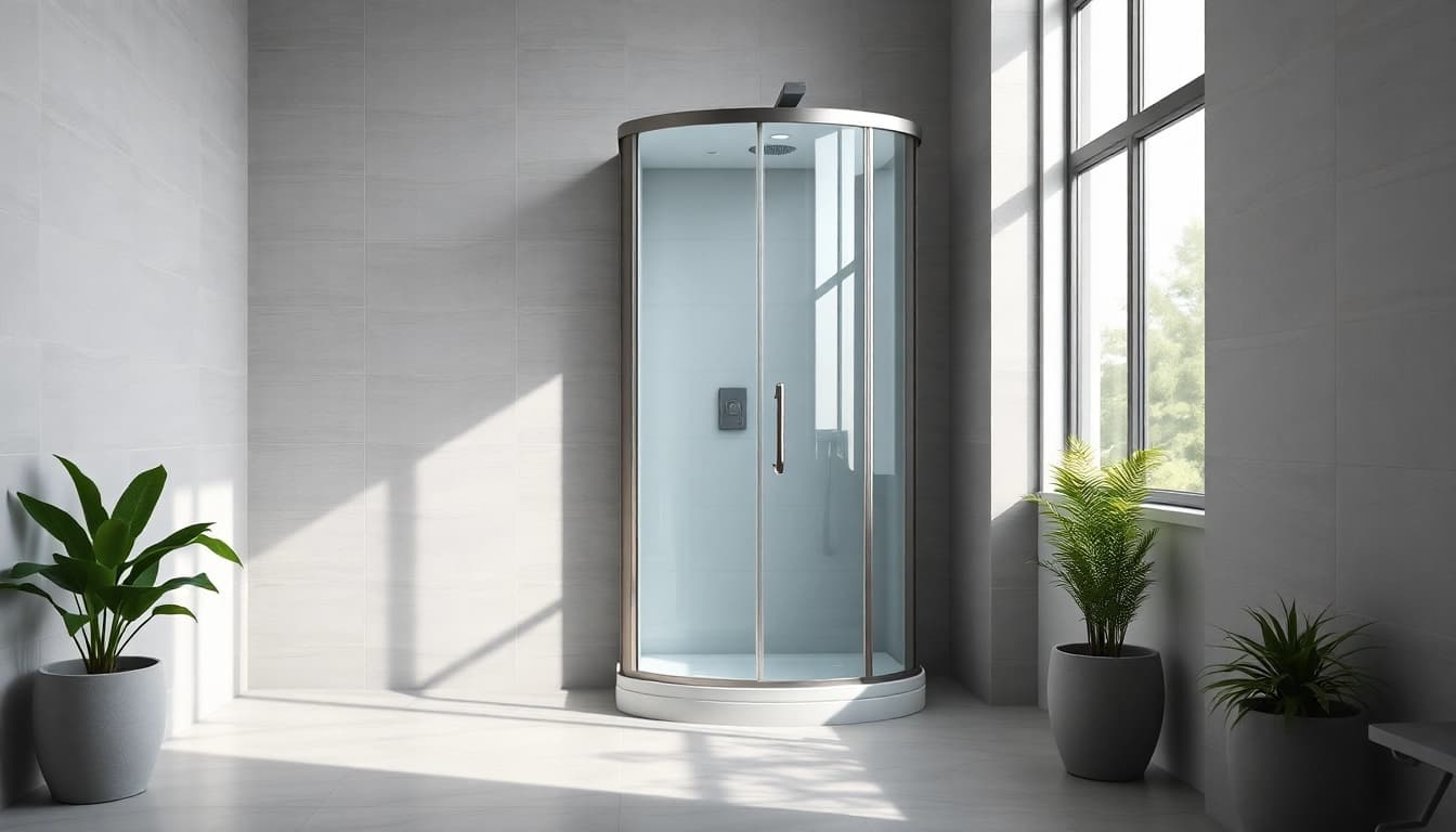 Duschkabine 90x90 in einem modernen Badezimmer mit eleganten Glasdetails und minimalistischen Akzenten.