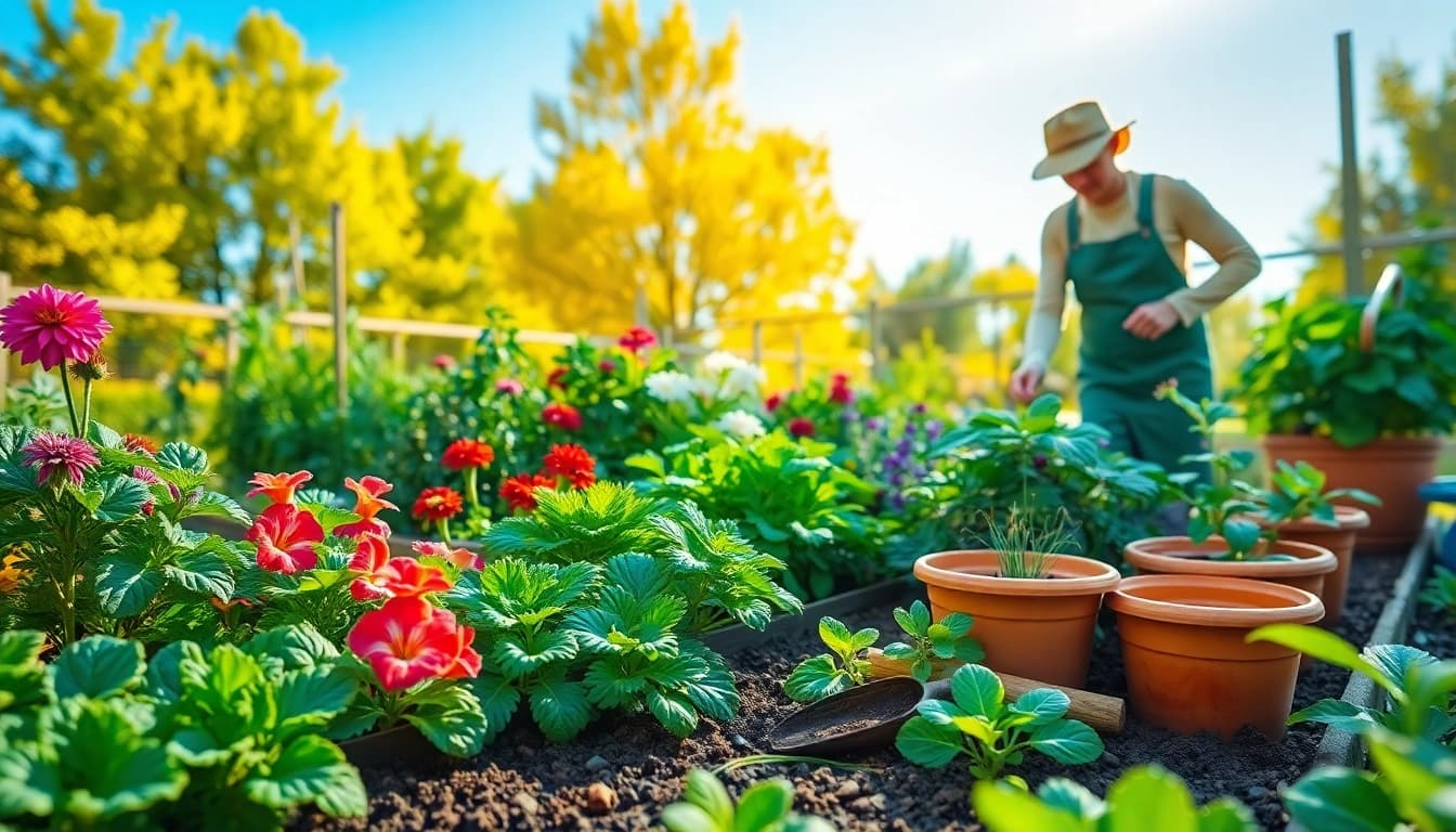 Gardening scene with a gardener tending vibrant plants and vegetables in a sunny garden.