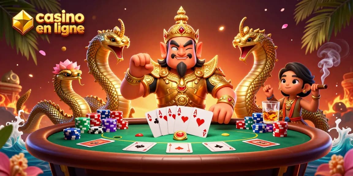 Explorez une scène captivante de casino en ligne avec un gardien thaïlandais et des éléments de poker.