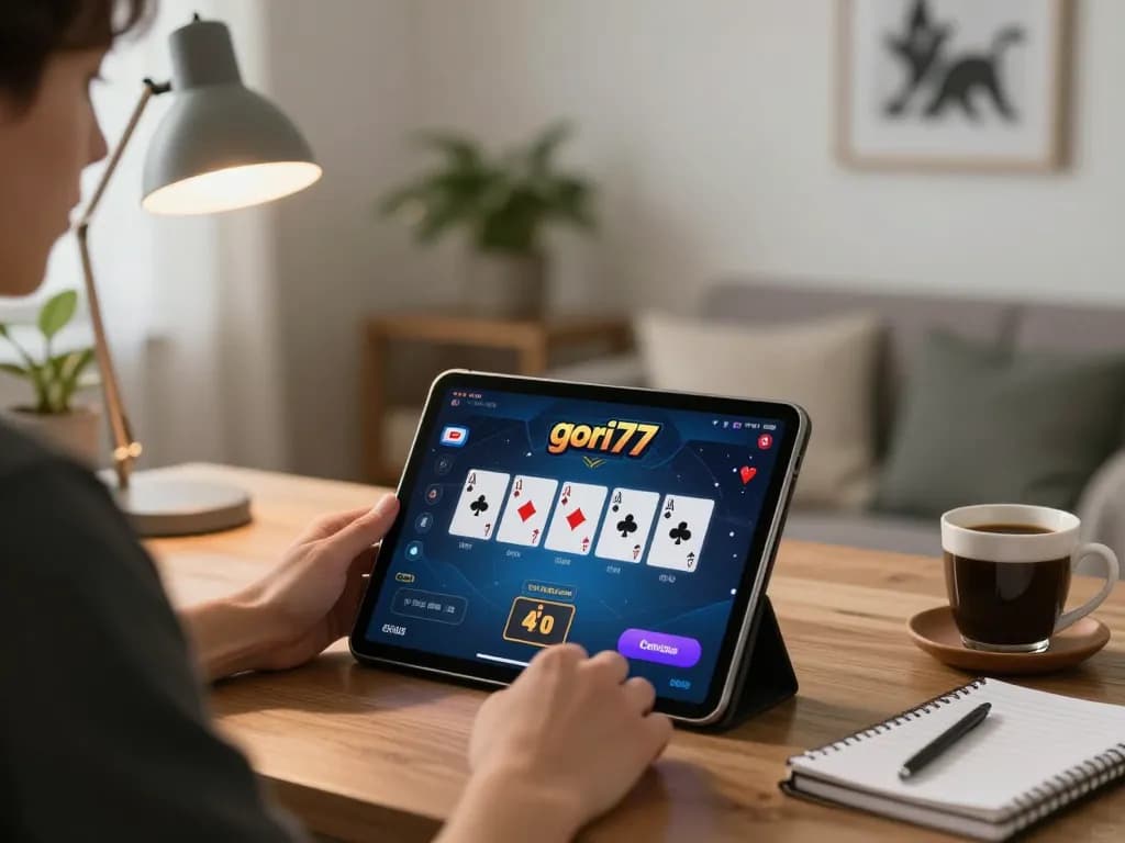 Player engaged in a thrilling gori77 online poker game on a tablet with strategy notes nearby