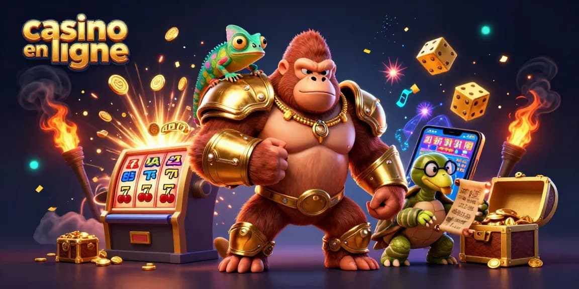 Découvrez un roi gorille en armure dorée jouant aux jeux de casino en ligne avec des thèmes colorés.