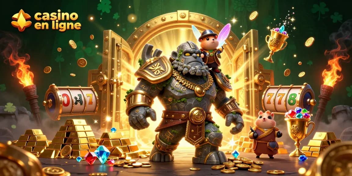 Visualisez le monde captivant du casino en ligne avec le gardien golem et le hamster chevalier.