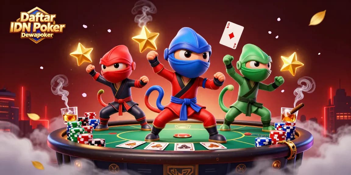 Experience thrilling poker action with Daftar IDN Poker Dewapoker in this vibrant 3D illustration showing dynamic chameleon characters.