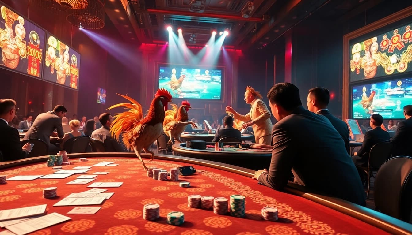 Action-packed Đá Gà Cựa Sắt fight scene with vibrant casino atmosphere, highlighting excitement and betting details.