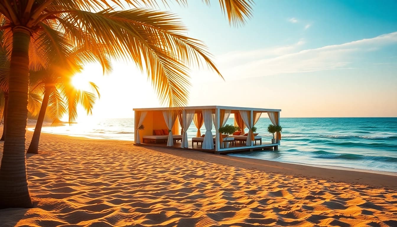 Relax at the coastal cabana near serene beaches, featuring palm trees and pastel accents.