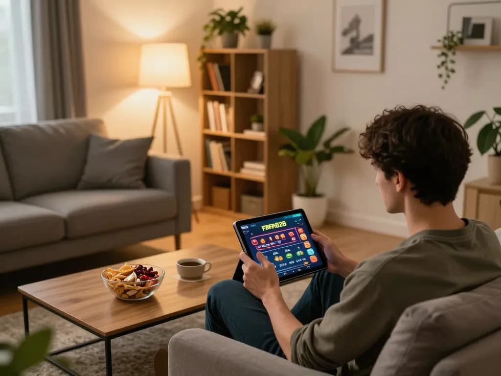 Player explores FAFA828 online casino on tablet from cozy living room.