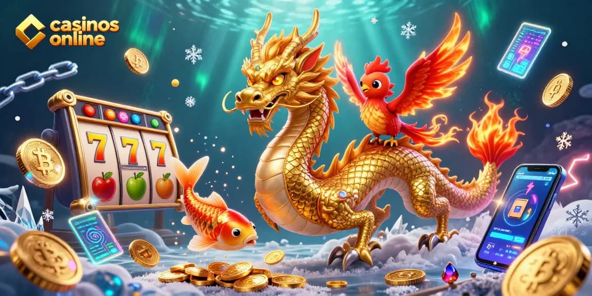 Genera casinos online con un dragón dorado luchador en un mundo de premios y juegos.