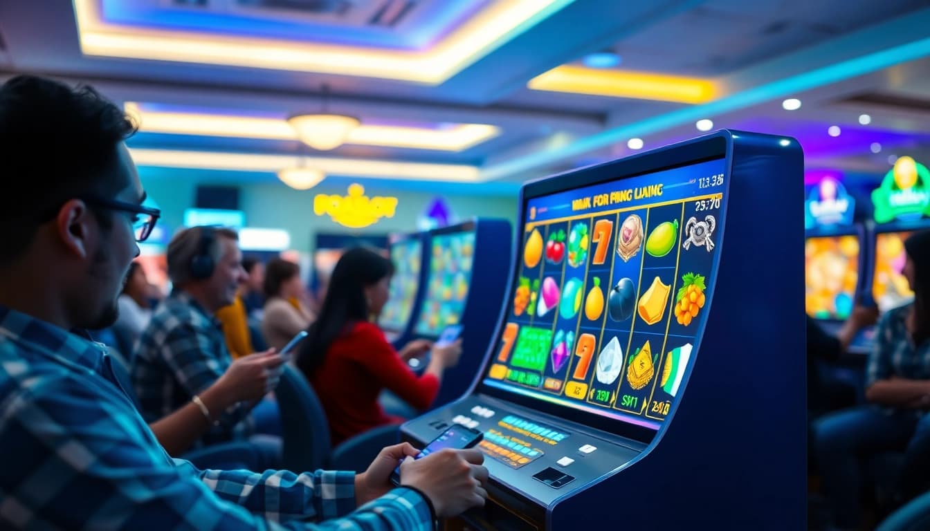 Engaging scene of players enjoying online doaslot gaming with vibrant slot machines.