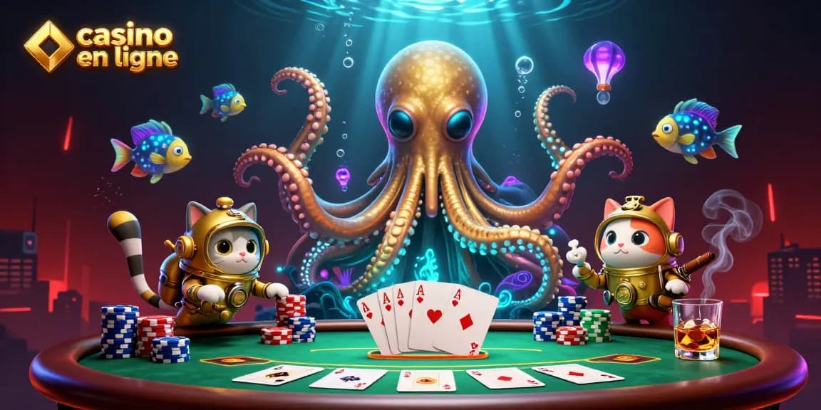 Illustration captivante de casino en ligne avec un kraken, une plongée et des éléments de poker.