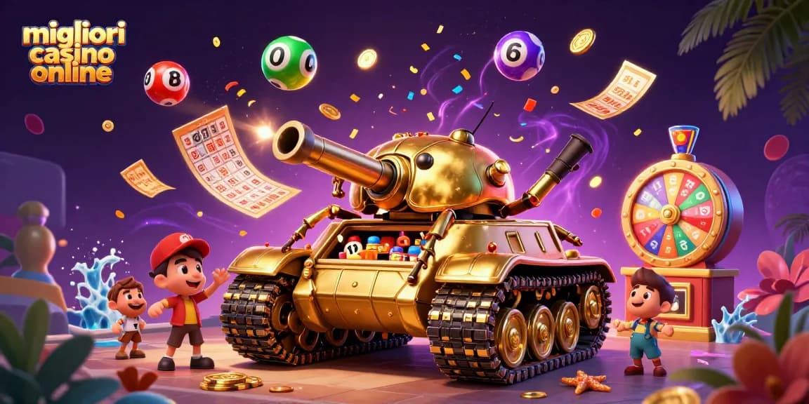 I migliori casino online offrono una scena vivace con un carro armato d'oro che si trasforma in un mini casinò.