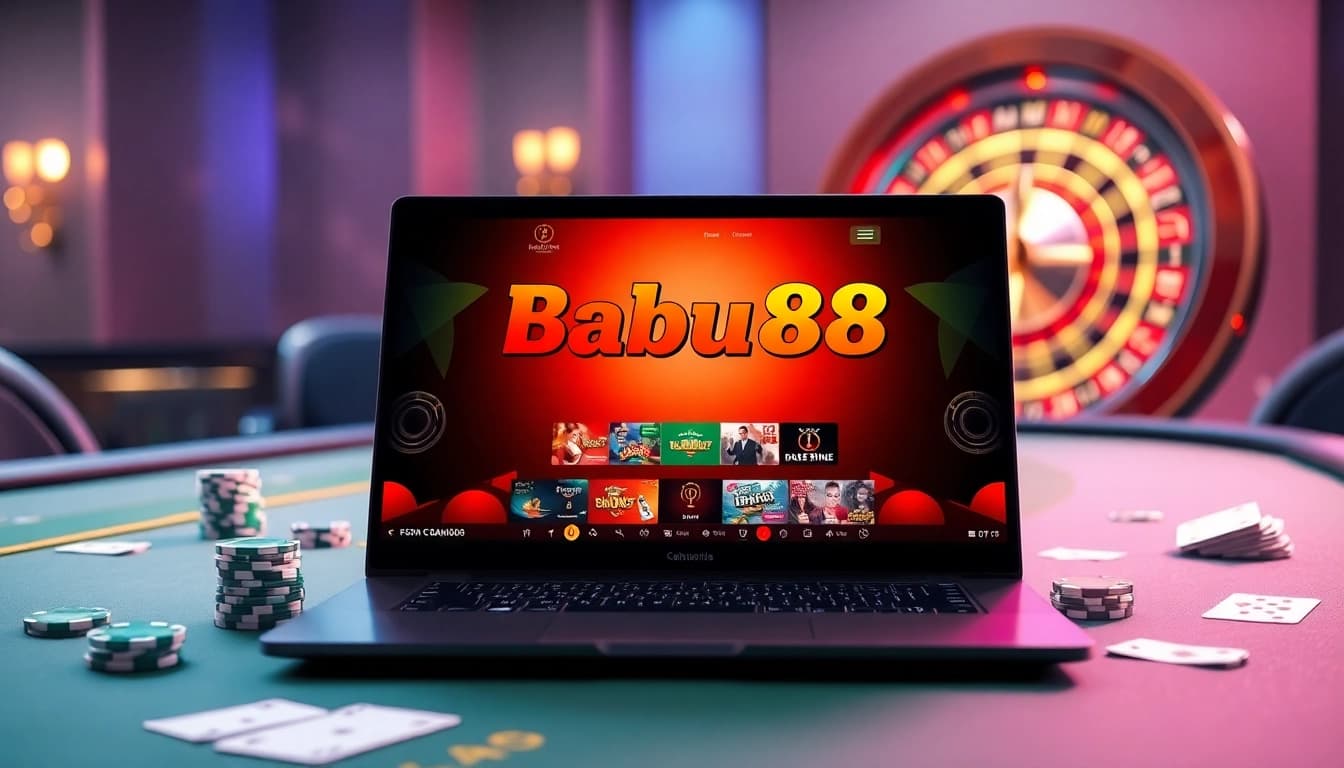 Babu88 online gaming interface showcased on a luxury gaming laptop surrounded by poker chips and cards.