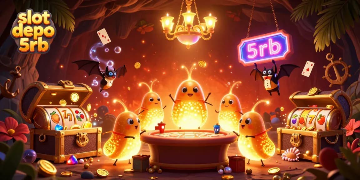 Win with slot depo 5rb in a lively cave casino filled with vibrant treasures and characters.