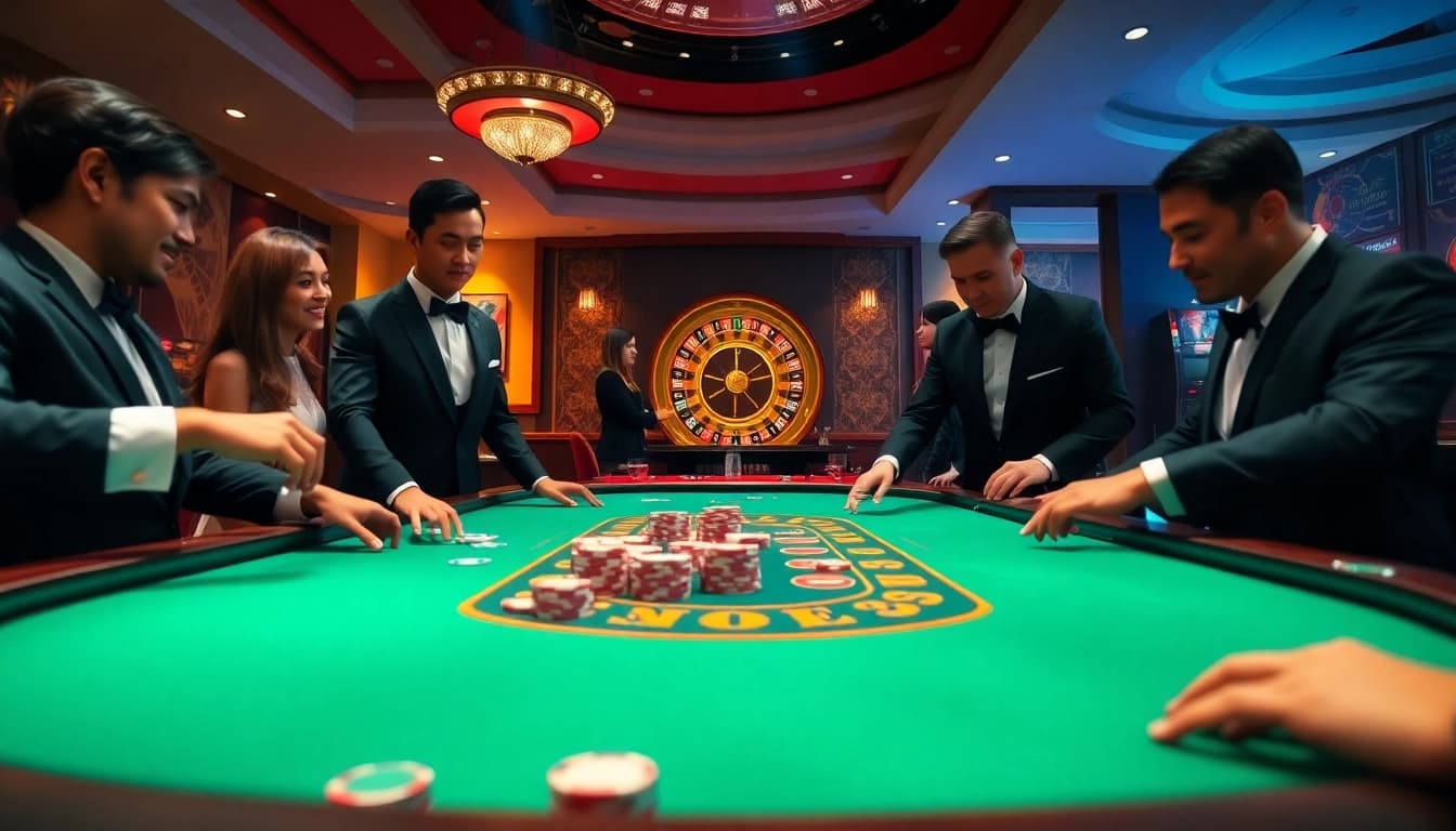Exciting view of the MM 88 casino scene featuring a vibrant poker table, professional dealers, and glowing slot machines.