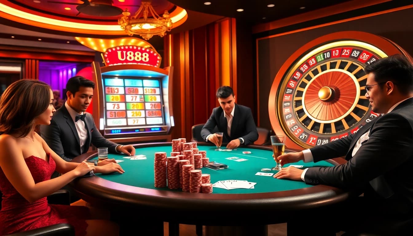Experience the thrill of U888 with a luxurious casino scene featuring high-stakes poker and vibrant slot machines.