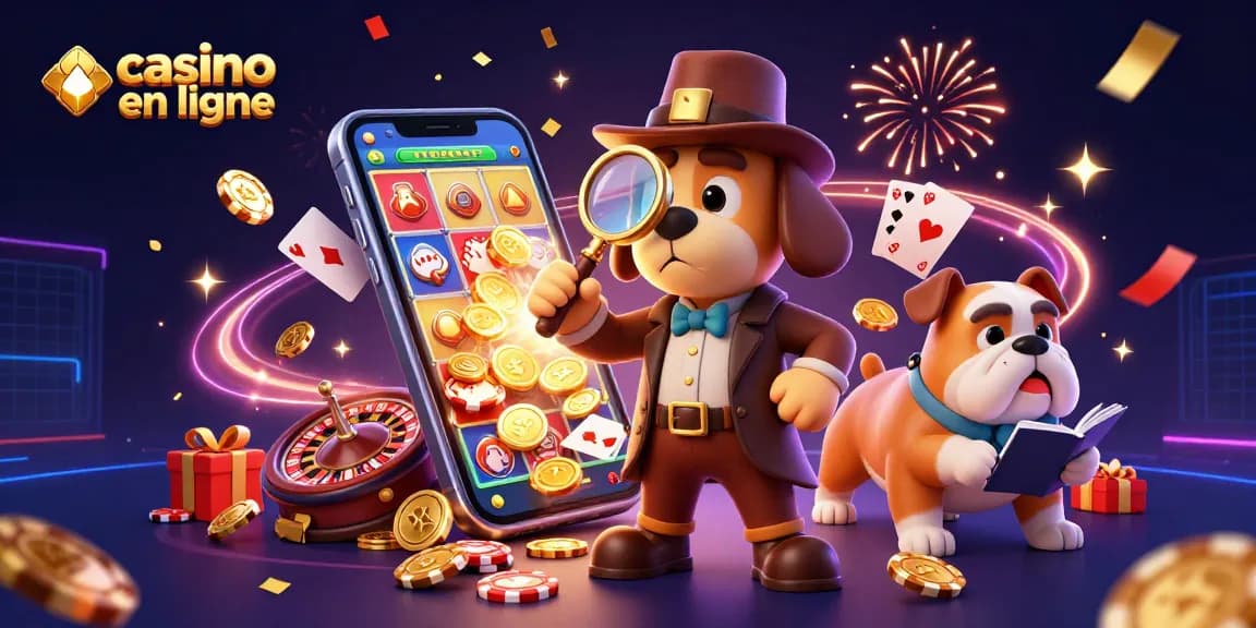 Gagnez avec casino en ligne, un détective et son bulldog décodent un indice sur jeton de poker.