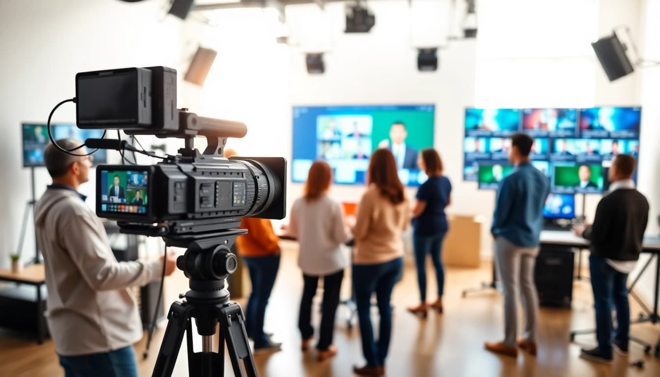Engaging corporate video production team collaborating on a project in a bright studio.