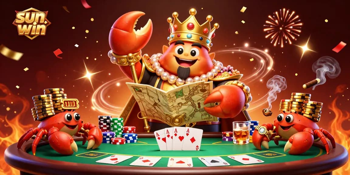 Experience the thrill of sun-win with a cartoon crab emperor showcasing poker triumph.