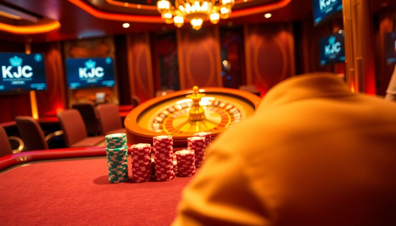 Engaging scene of online gambling at https://kjc686.com/ featuring a poker table, roulette wheel, and vibrant casino atmosphere.