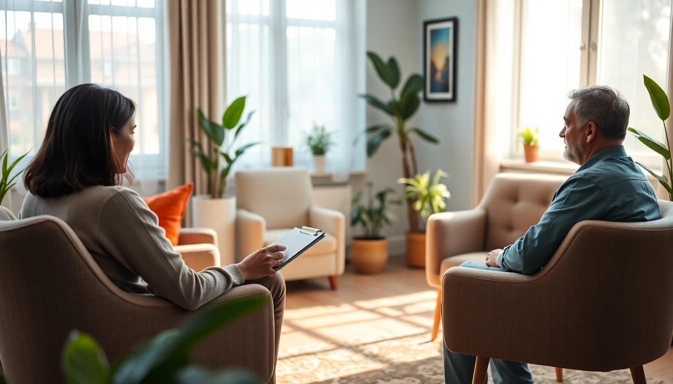 Engage in personalized psychiatry care India with a caring psychiatrist in a serene therapy room.