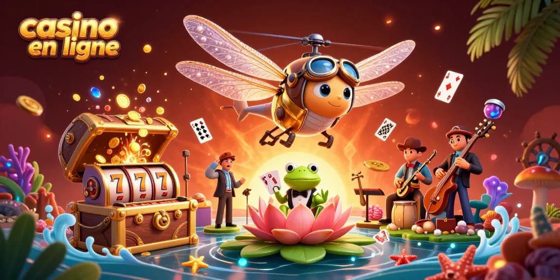 Le casino en ligne propose une scène dynamique avec un pilote libellule, un croupier grenouille et des musiciens...