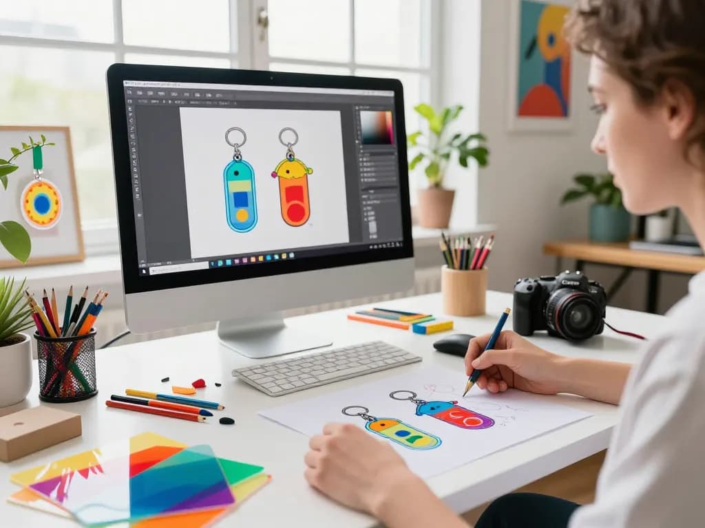 Custom acrylic keychains design in a vibrant creative workspace, showcasing colorful sheets and design tools.