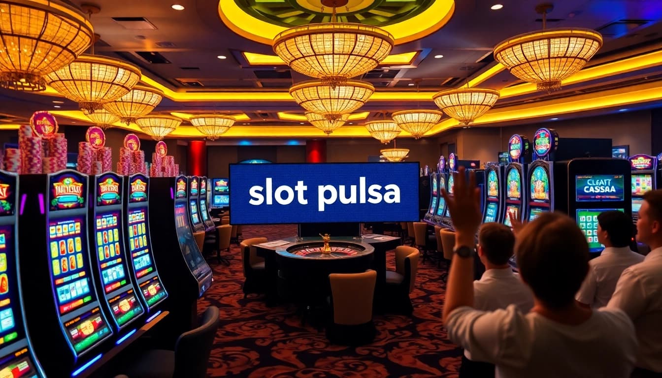 Petaruh menikmati sensasi permainan slot pulsa dengan lampu cerah dan suasana kasino yang menarik.