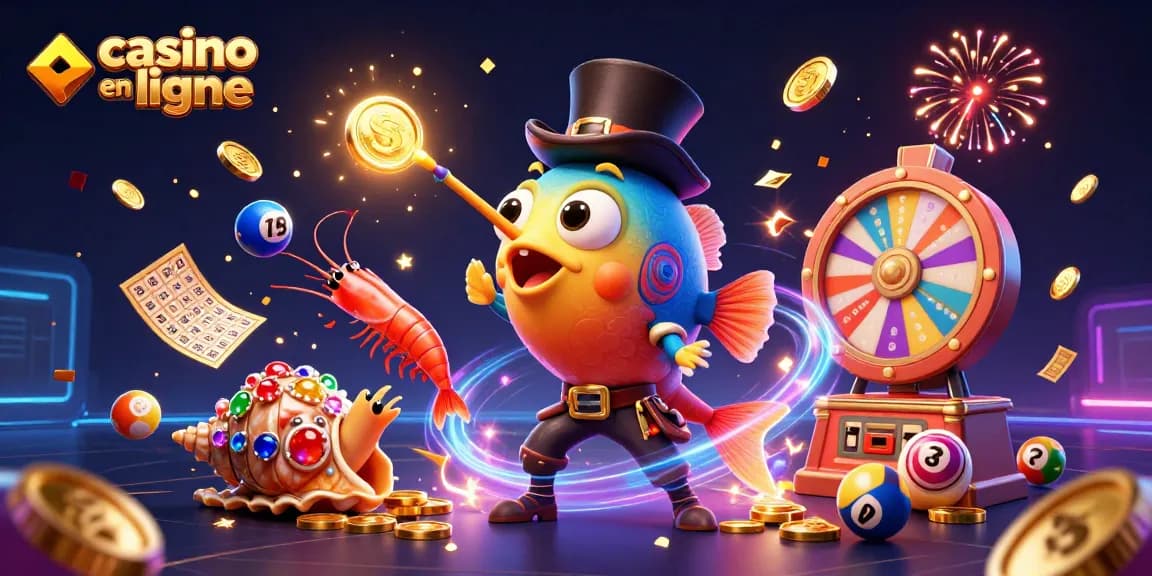 Rejoignez le jeu au casino en ligne avec des personnages colorés attrapant des pièces d'or et des boules de loterie.