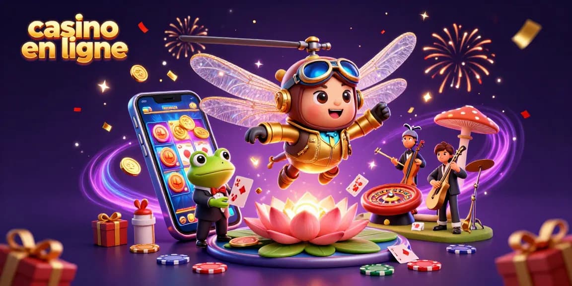 Jouez au casino en ligne avec le pilote libellule et le croupier grenouille, ambiance festive.