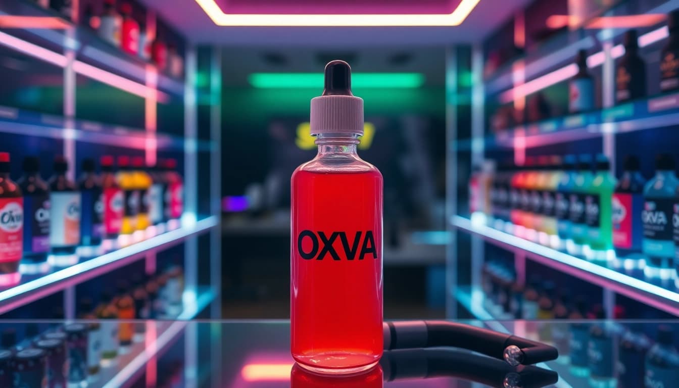 Erleben Sie die Vielfalt des Oxva Liquid in einem stilvollen Vape-Shop mit attraktiven Flaschen.