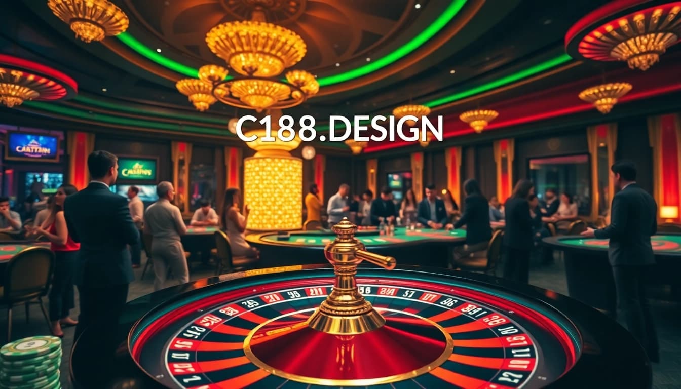 C168.DESIGN showcases an elegant casino scene with players at the roulette wheel, capturing the thrill of high-stakes gambling.