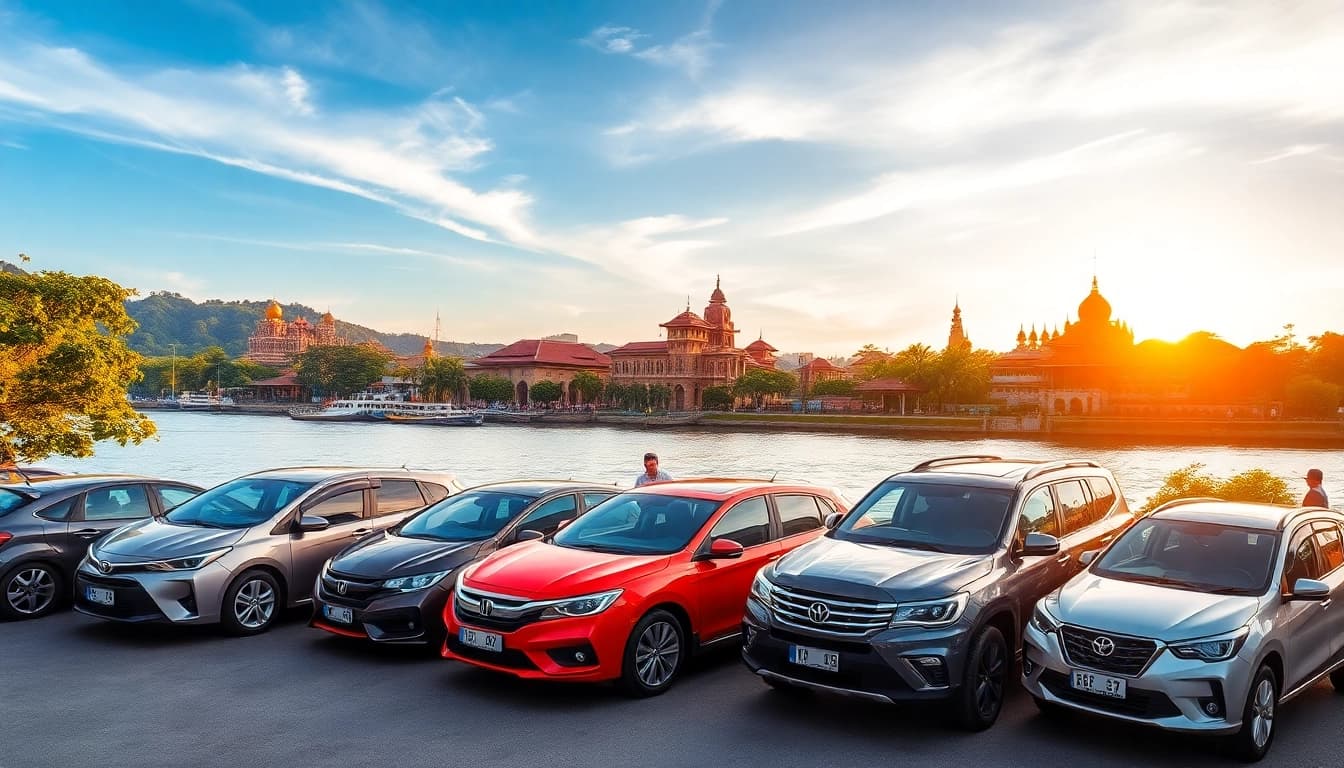 Kuching car hire options by a scenic riverside with diverse vehicles in a vibrant travel landscape.