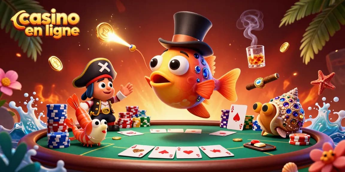 Illustration captivante de casino en ligne avec un poisson-ange en costume, des pièces d'or et des éléments de poker