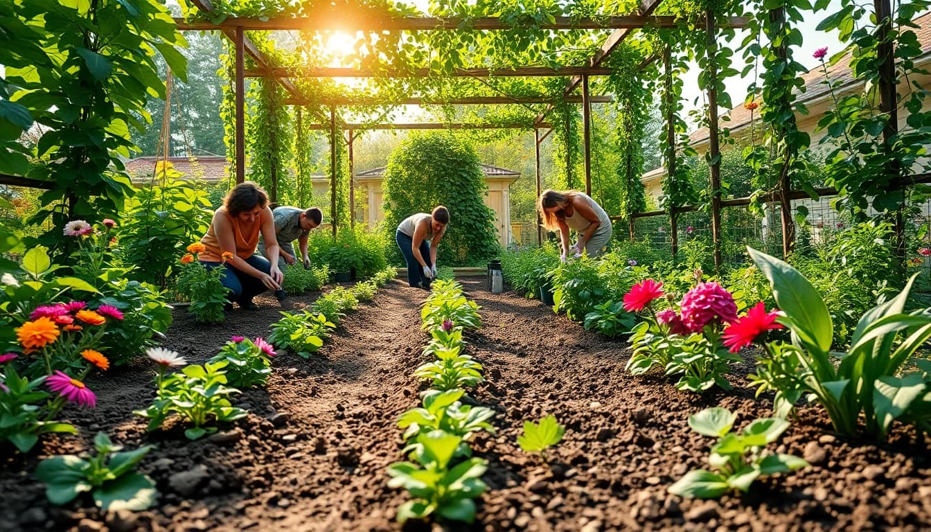 Gardening in a vibrant community garden where gardeners nurture a diverse array of plants.