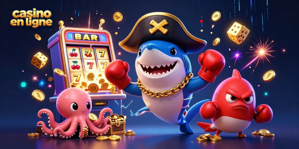 Le casino en ligne prend vie avec un requin pirate, un poisson-globe et une pieuvre tenant des pièces en or.