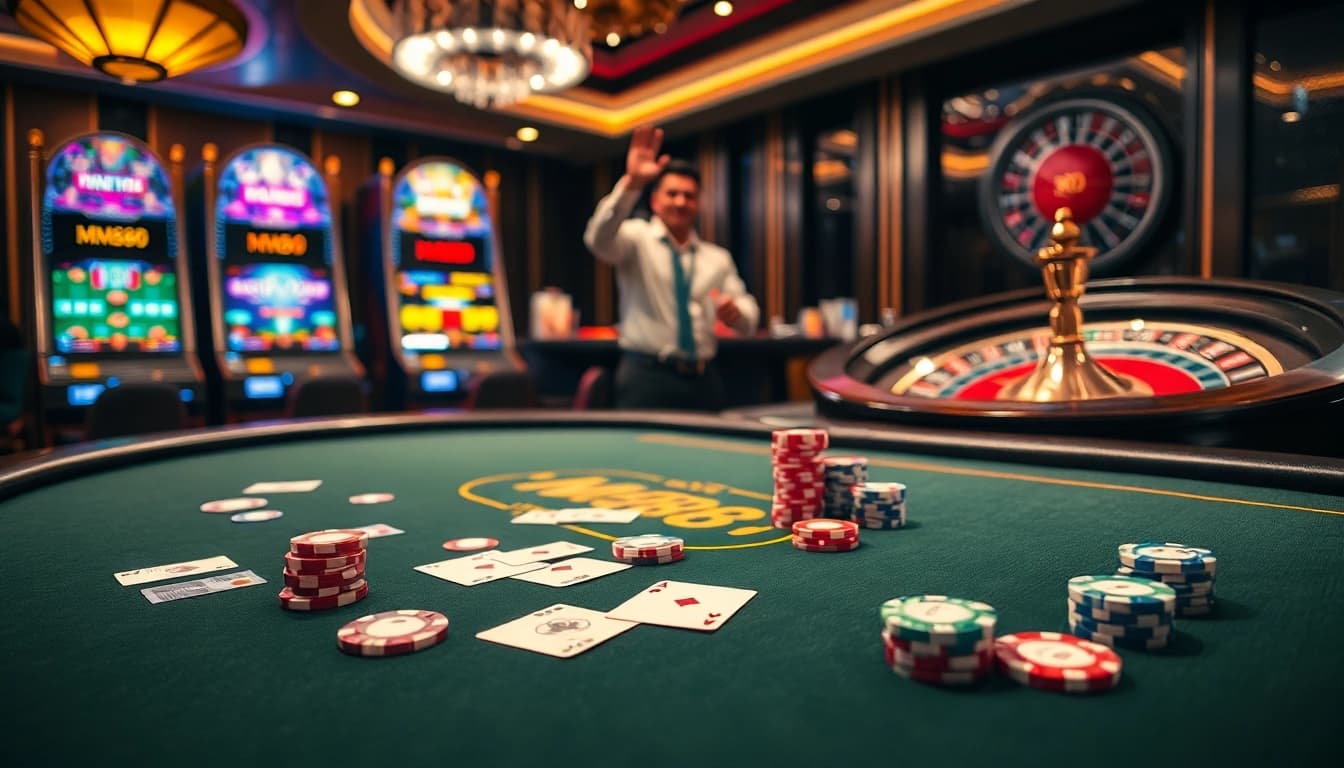 Exciting poker game at MM88 casino with chips and cards in action.