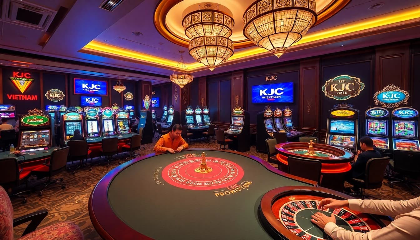Experience thrilling gameplay at KJC Vietnam's luxury casino, complete with poker tables and vibrant slot machines.