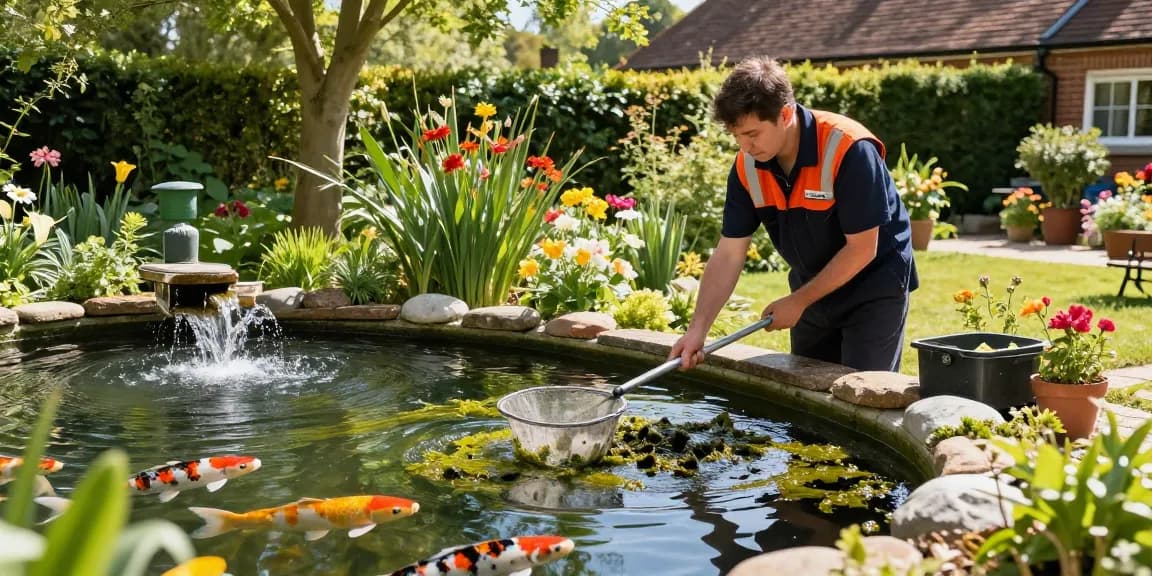 Pond Cleaning Sussex service in action, technician clearing algae and debris from a vibrant koi pond surrounded by lush greenery.