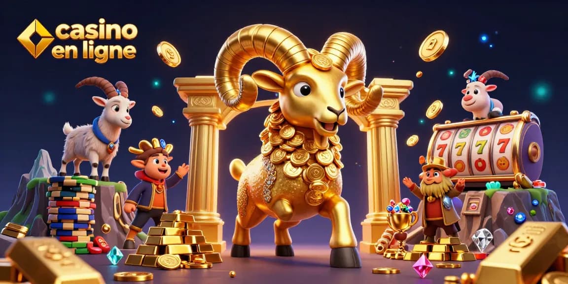 Visitez notre casino en ligne avec un bélier doré et des éléments de jeu captivants.