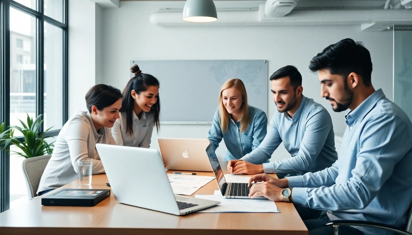 Trabalhando no Desenvolvimento de Site com uma abordagem moderna e profissional, destacando a equipe em ação.
