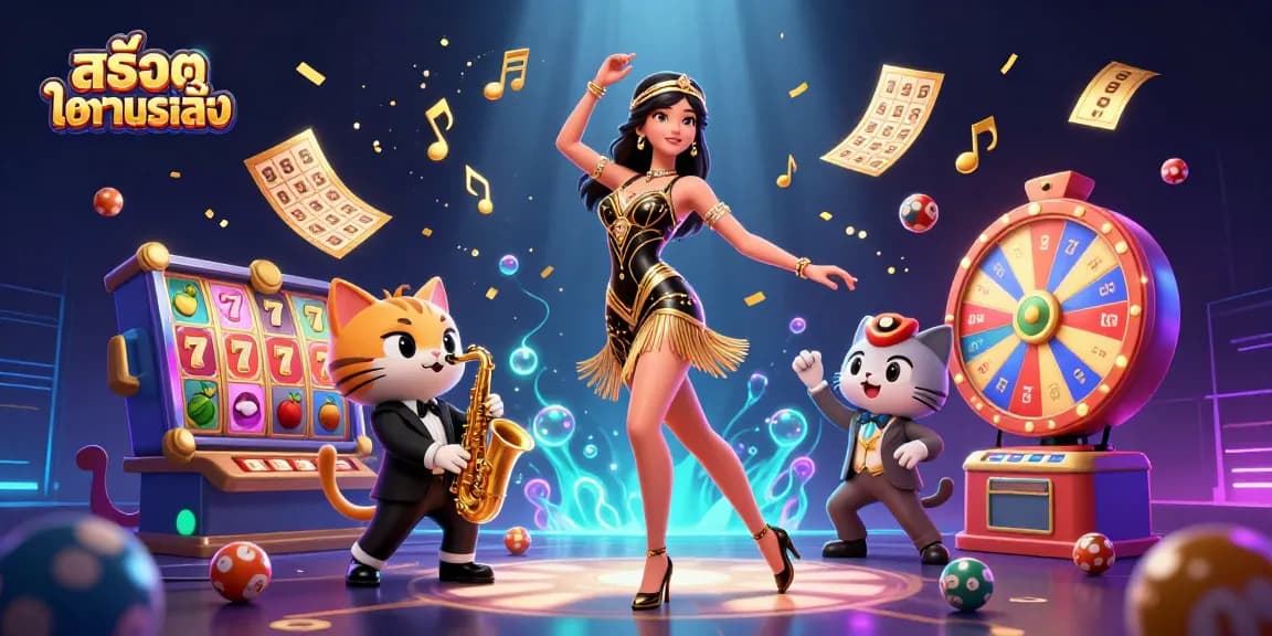 Experience สล็อตทดลองเล่น with vibrant slot reels, a dancing woman, and lively cat in a festive scene.