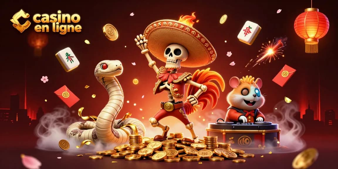 Illustration de casino en ligne avec un mariachis squelettique dansant sur des pièces dorées, entouré d'éléments festifs.