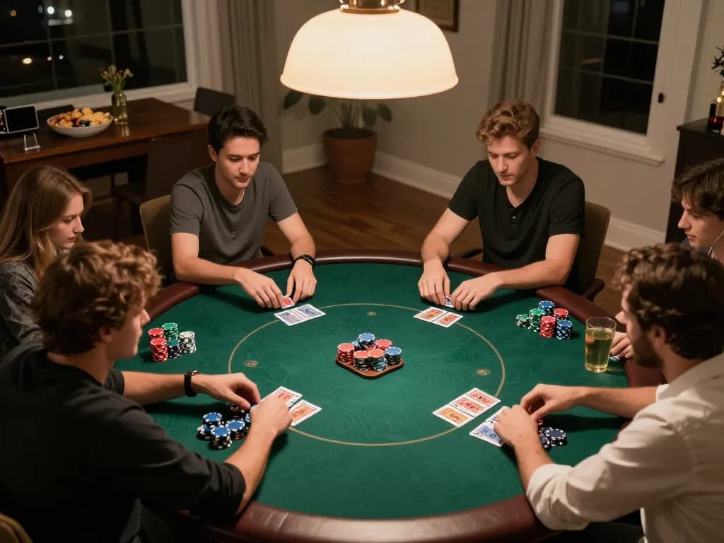 Experience thrilling poker gameplay at home with manclub friends during a competitive night.