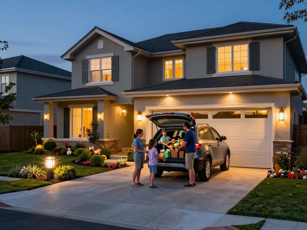 Outdoor garage lights illuminating a stylish home entrance while a family unloads groceries.