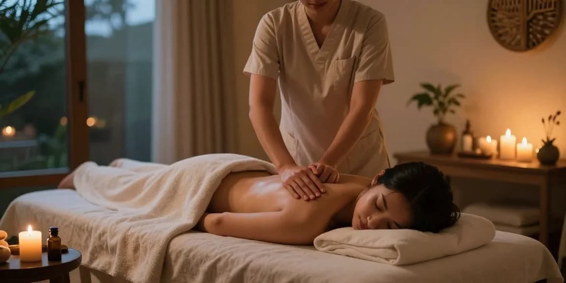 마사지 세션 중 편안한 분위기에서 전문가가 고객에게 스웨디시 마사지를 제공하는 장면