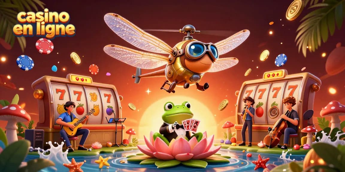 Jouez aux jeux de casino en ligne avec des croupiers de grenouille et d'autres personnages colorés en plein action.