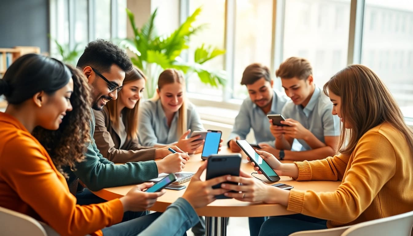 Engaged students using a smartphone solution in school life for collaborative learning in a bright classroom.