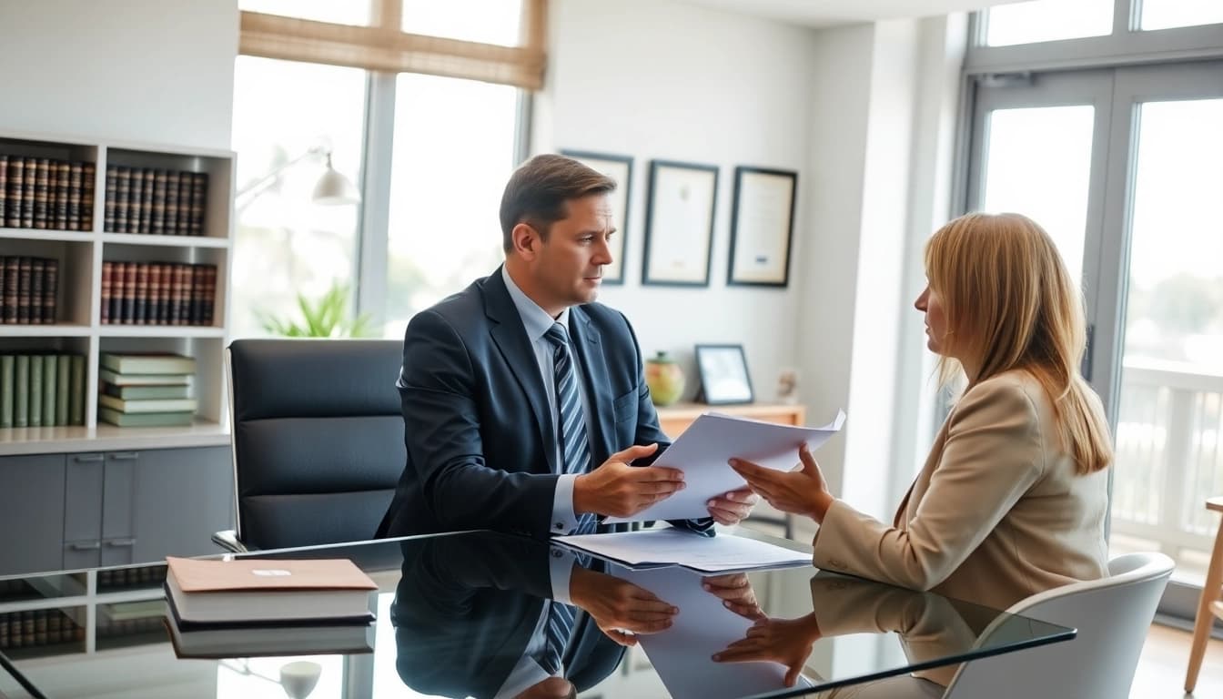 Sarasota personal injury lawyer guiding a client through a legal consultation at a modern office.