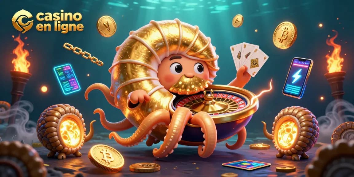 Profitez du casino en ligne avec une illustration 3D captivante de nautilus et de pièces de crypto-monnaie.