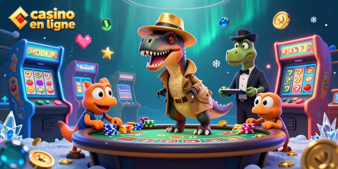 Un raptor et un boss pittoresque dans un casino en ligne rempli d'éléments ludiques et colorés.