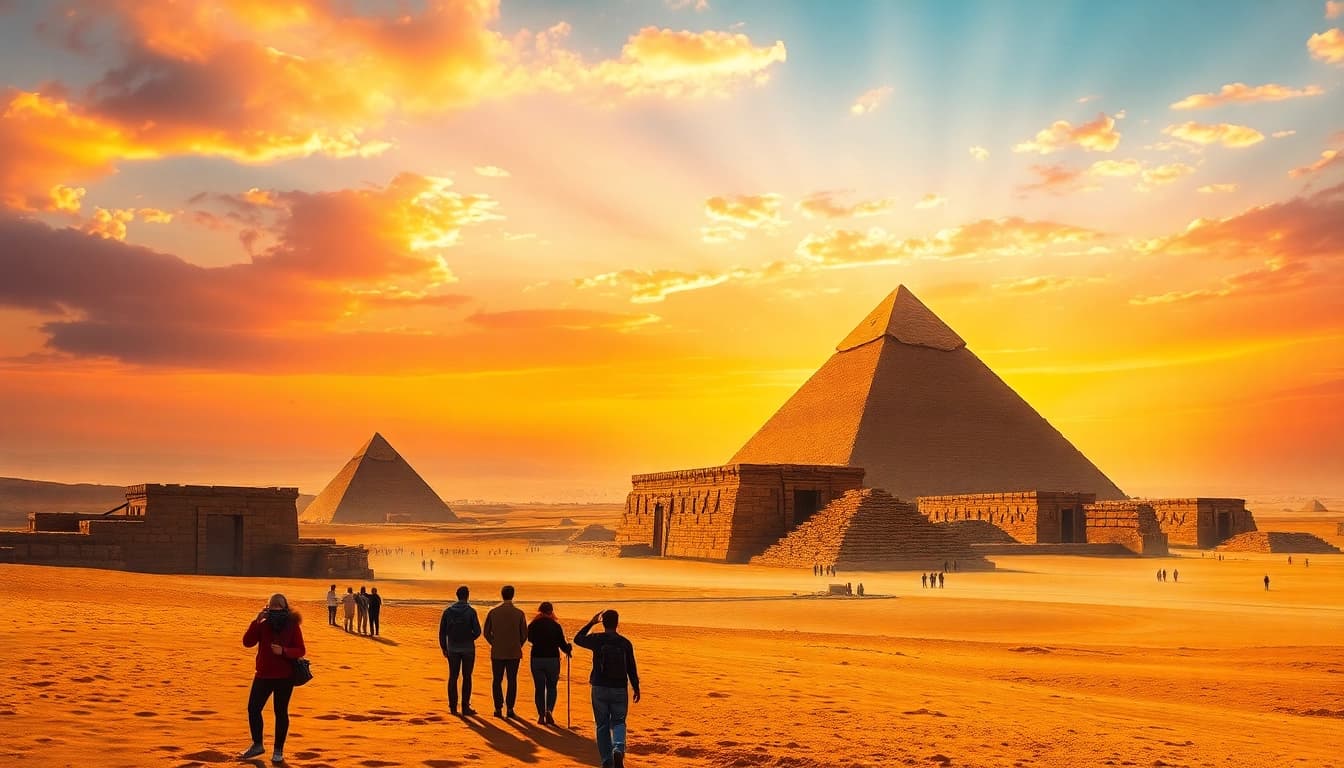 Visitors admiring the ancient piraminds, highlighting their beauty and grandeur in a stunning desert setting.